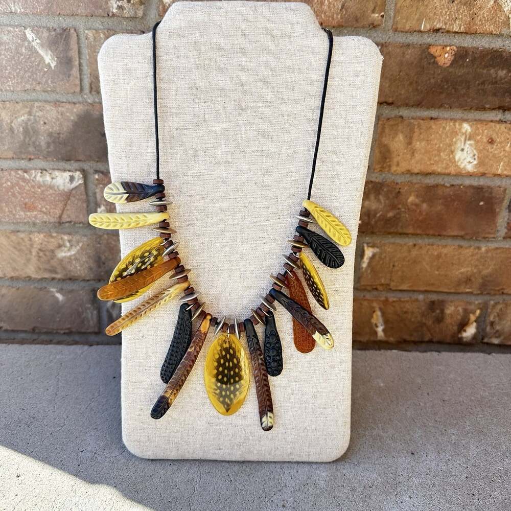 Chico's Feather Pendant Wood Bead Necklace Tribal Western Flair Adjustable Chain